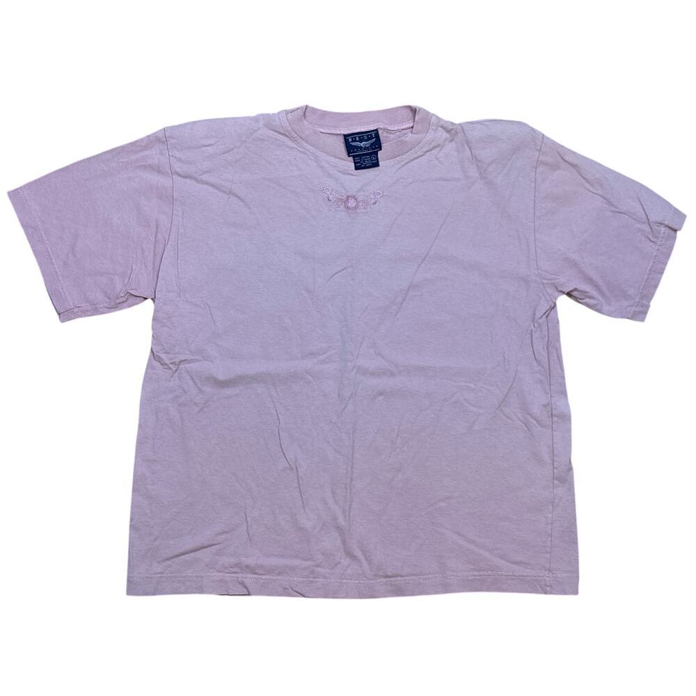 Vintage Embroidered floral pink tee shirt Best American clothing 100% cotton L